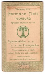 Photograph Hermann Tietz, Hamburg, size Burstah 12-14, company logo Tietz, back