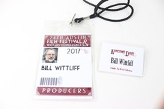 Bill Wittliff signed 1983 South Padre photo & 2017 Austin Film festival badges
