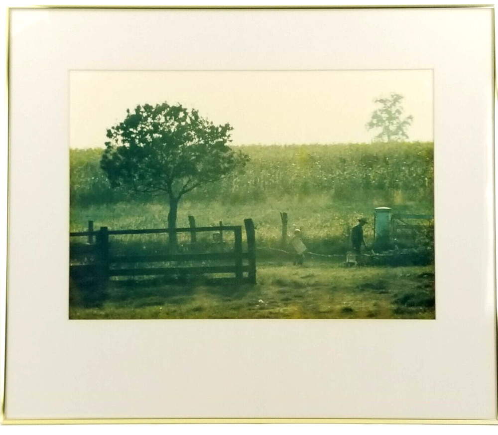 Photograph of farmer and son walking the fence line in front of corn field