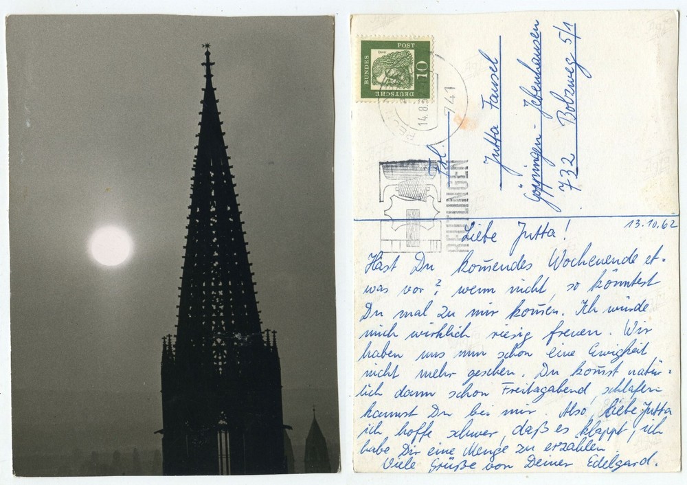 40636 – Sunset with church spire – photo as postcard, 14.10.1962