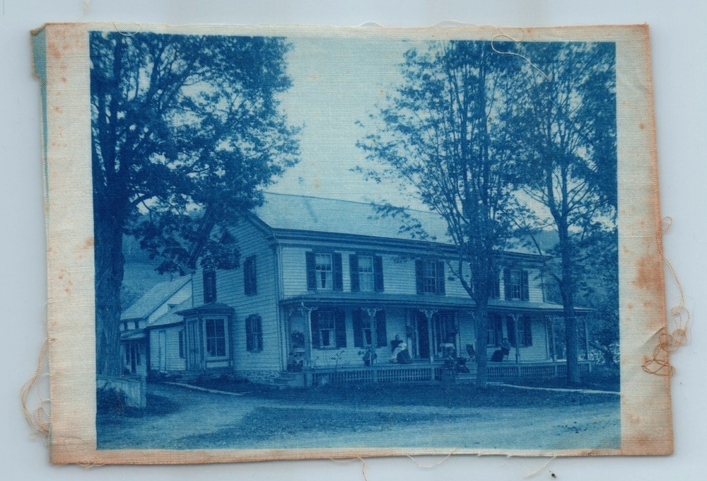 Cyanotype on Fabric Photograph Large House with Women Sitting on Porch Rocking