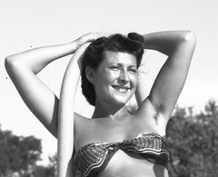 pretty woman smiling in swimsuit, strand, Budapest, by Szendrő (Szendro), origin