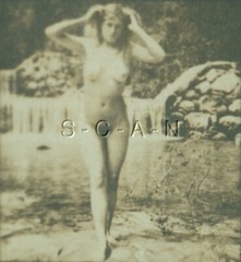 Org Antique B/W Nude Real Photo- Double Stereoscope- Woman Outdoors- Waterfall