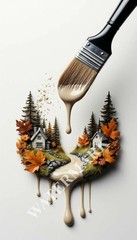 Digital Image Houses Forest Drops Paint Picture Wallpaper Desktop Wall Art A89