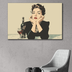 Vintage Woman Pop Art, Red Lipstick Cartoon Girl Poster, Bottle of Wine Lover