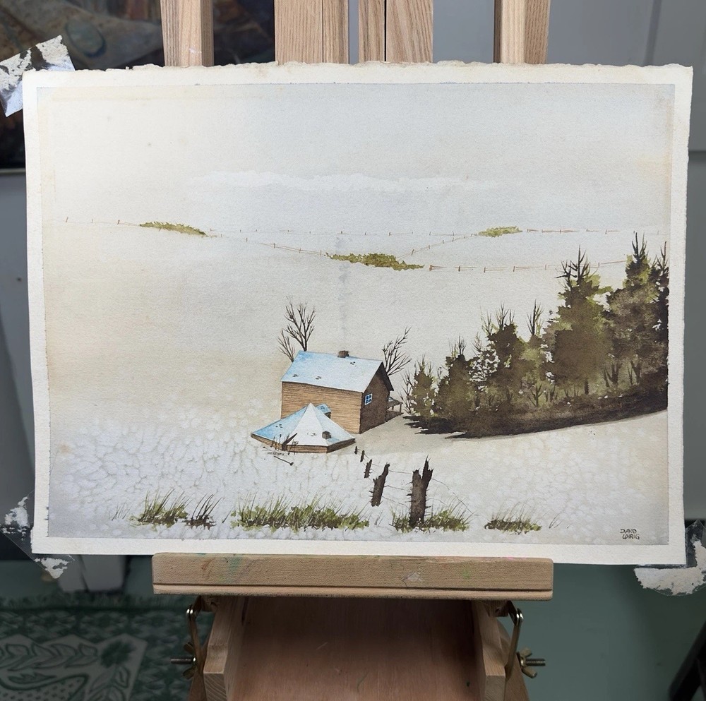 Landscape Scene Signed Litho MAKE OFFER 15×11” Wood Cabin Open Horizon Western