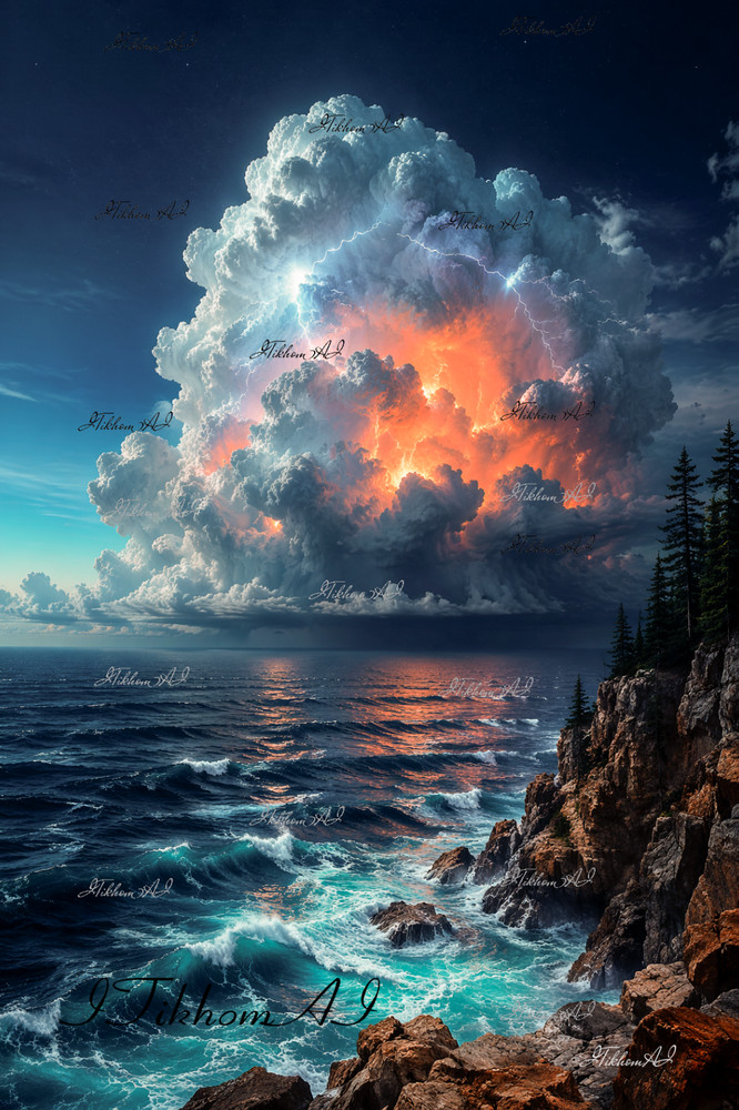 Digital Art Picture Seascape Cloud Thunderstorm Rocks Trees Wallpaper Desktop
