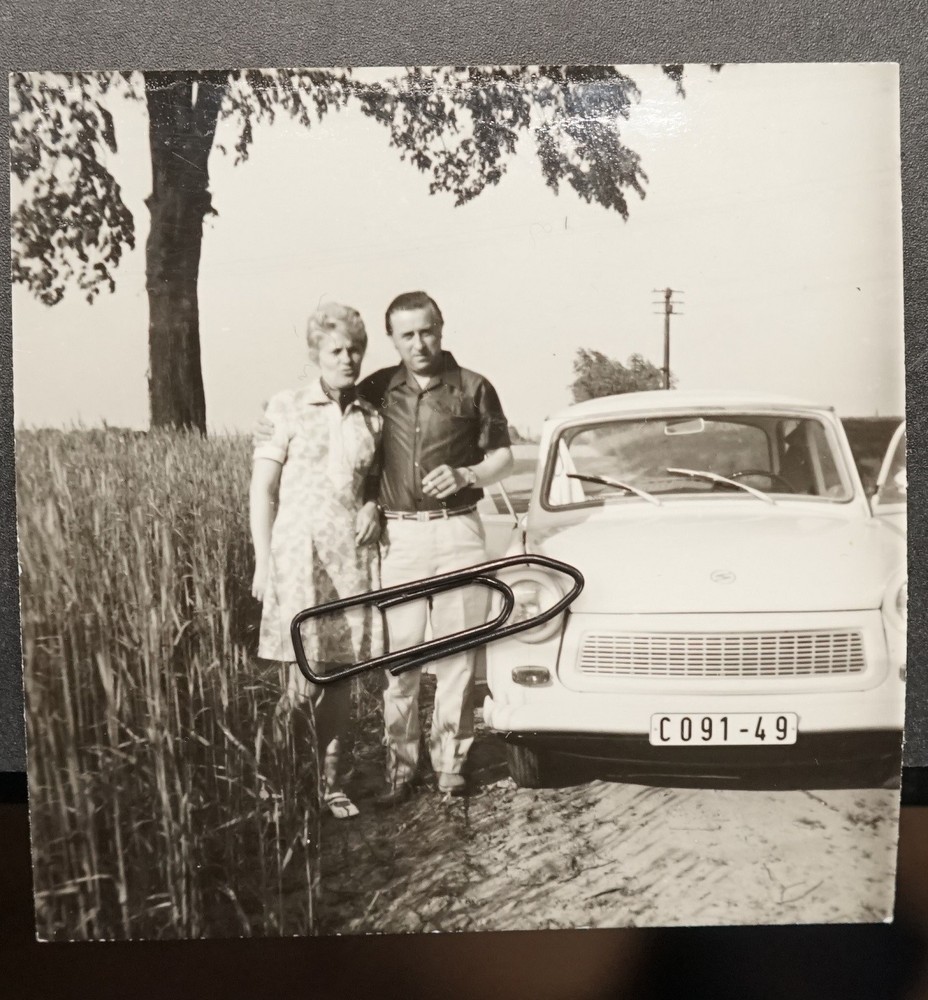 Photo portrait GDR woman man Trabant car Neubrandenburg license plate C Neustrelit