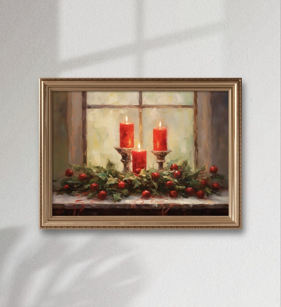 DIGITAL DOWNLOAD, Christmas Candle and Pinecone Oil Painting, Holly Berries