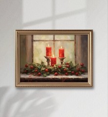 DIGITAL DOWNLOAD, Christmas Candle and Pinecone Oil Painting, Holly Berries