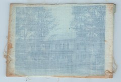 Cyanotype on Fabric Photograph Large House with Women Sitting on Porch Rocking