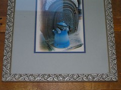 Gray Kitten Photograph w Antique Blue Enamel Coffee Pot Framed in Rose & Leaf