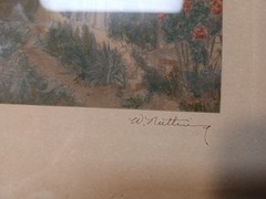 Wallace Nutting «Hollyhock Cottage» Antique Signed Print Hand Tinted