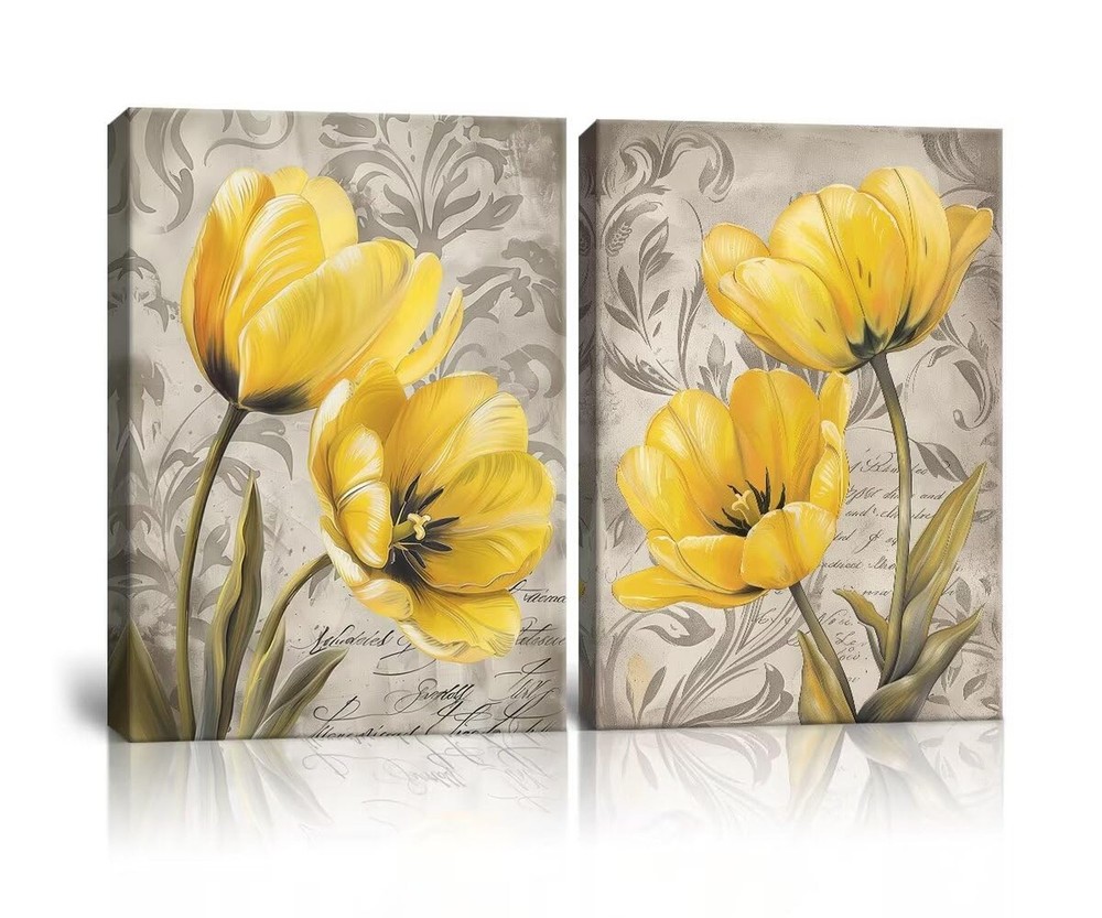 Yellow and Gray Flowers Canvas Wall Art Tulip Picture Prints Artwork Modern F…
