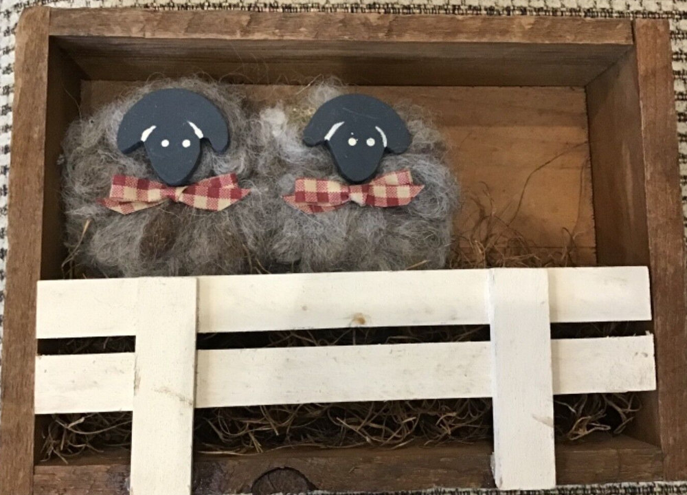 LADIE AND FRIENDS 2 GRAY SHEEP REAL WOOL IN WOODEN PEN SHADOWBOX EUC