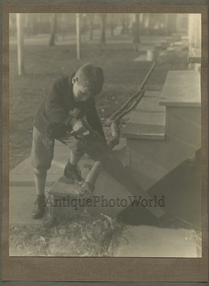 Young boy with hand saw cutting wood antique art photo by Leo Kraft