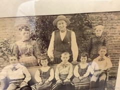 Antique Family Photo Wood Frame Children on Church Bench 3 Adults Brick Building