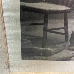 Antique Framed Photograph Black & White on Silk Framed Tramp Mending Coat