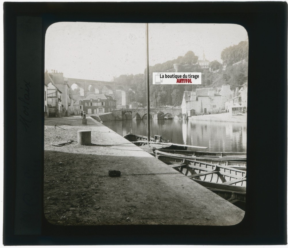 Port Of Dinan, Brittany, Photo Glass Plaque, Black & White, Positive 8.5×10 Cm