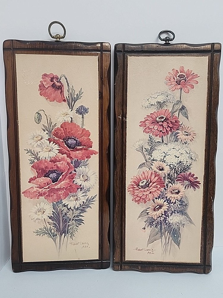 Vtg 1970s Floral Framed Wood Art Robert Laessig AVA Set 9″x18.»