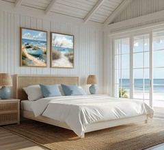 2Pcs Blue Coastal Canvas Wall Art Beach Boat Posters Prints Ocean Seawe and S…