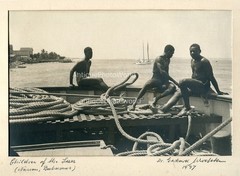 Nassau Bahamas semi nude young black men on boat antique art photo