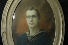 1918 WWI Hand Painted Navy Sailor Photo Oil Oval Bubble Glass Frame USA Flag
