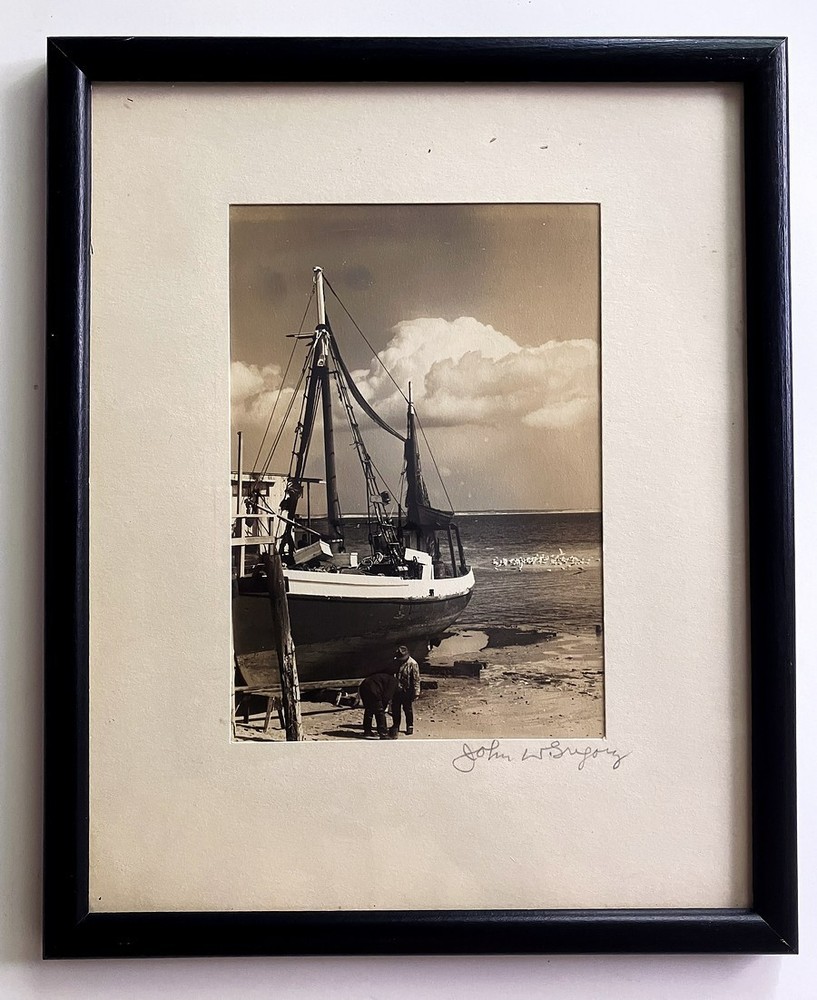 John W Gregory Signed Sepia Photo Provincetown Fishing Boat 4 1/2 x 6 1/4 Framed