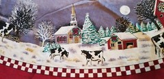 Checkered Winter Scene Church Home Cows White and Red Tree Skirt Large 69.5″
