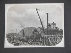 Vtg c. 1890s Wood Block Setting Working Crane Construction Crew Workers