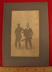 EARLY ANTIQUE PHOTOGRAPH HUNTING SPORTSMAN IN FIELD WITH GUNS RIFLES SUIT & TIE