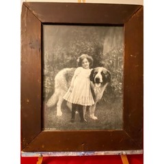Antique b/w photo late 1800s Girl & Dog «The Old Guard» heavy old wood frame EVC