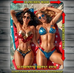Sexy Wonder Woman and Supergirl in Bikinis Vixen Metal Sign Wall Art 14″ x 11″
