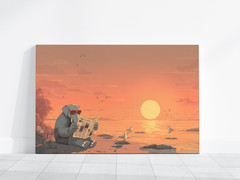 Funny Elephant Poster, Elephant Reading Newspaper on Beach at Sunset Cute Animal