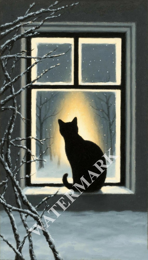Digital Image Snow Cat Kitten Window Cozy Picture Wallpaper Desktop Wall Art A42
