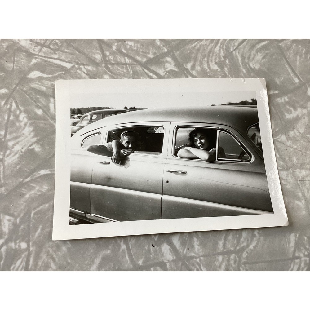 Vintage Black and White Photograph Couple in Car Drive-In Movie Scene