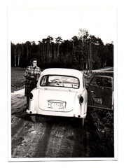 Photo Trabant P50 car motor vehicle vintage GDR in the forest vintage original photograph