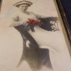 Selective Color Framed Vintage Photo Sotting Lady Holding Roses 5 x 7.5″ in.