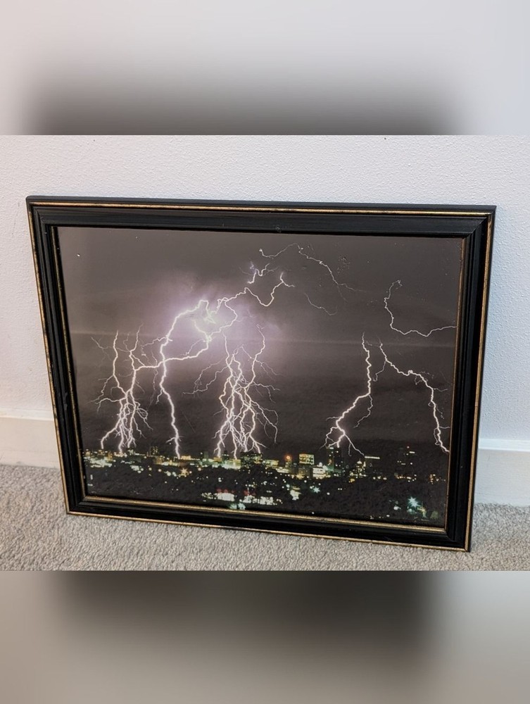 Framed Lightning Cityscape Wall Art – Black Frame