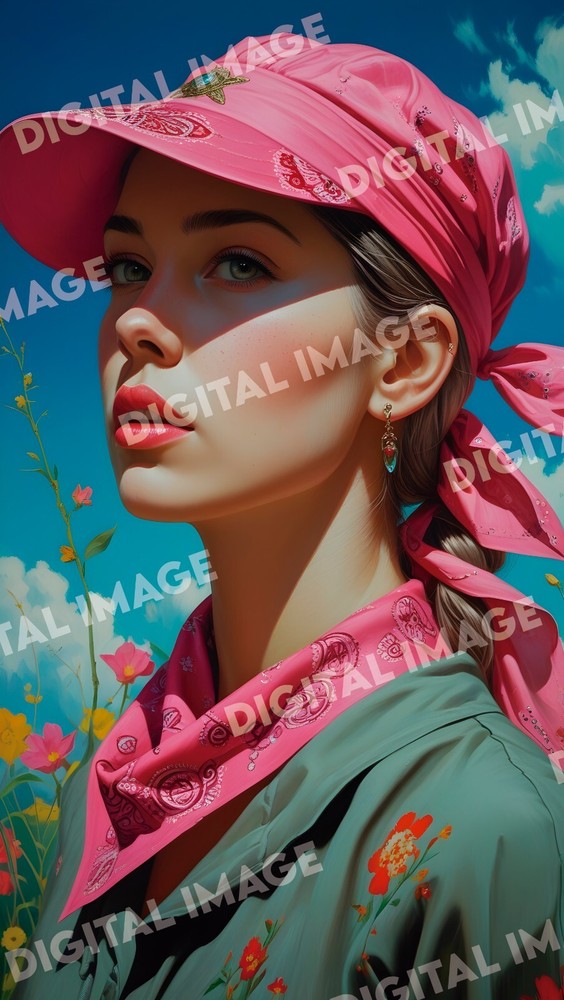 Socialist Realism Digital Art – Woman with Pink Bandana, Soviet Style, Wall Art