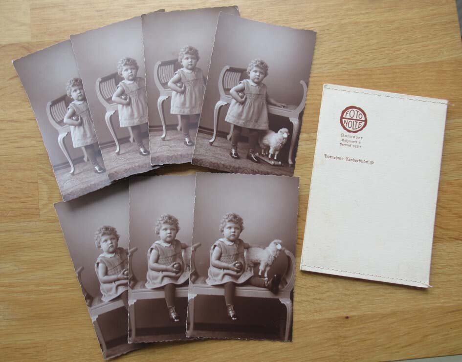 7 old portrait photos little girl with toy / ball and sheep around 1920