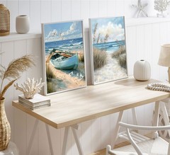 2Pcs Blue Coastal Canvas Wall Art Beach Boat Posters Prints Ocean Seawe and S…