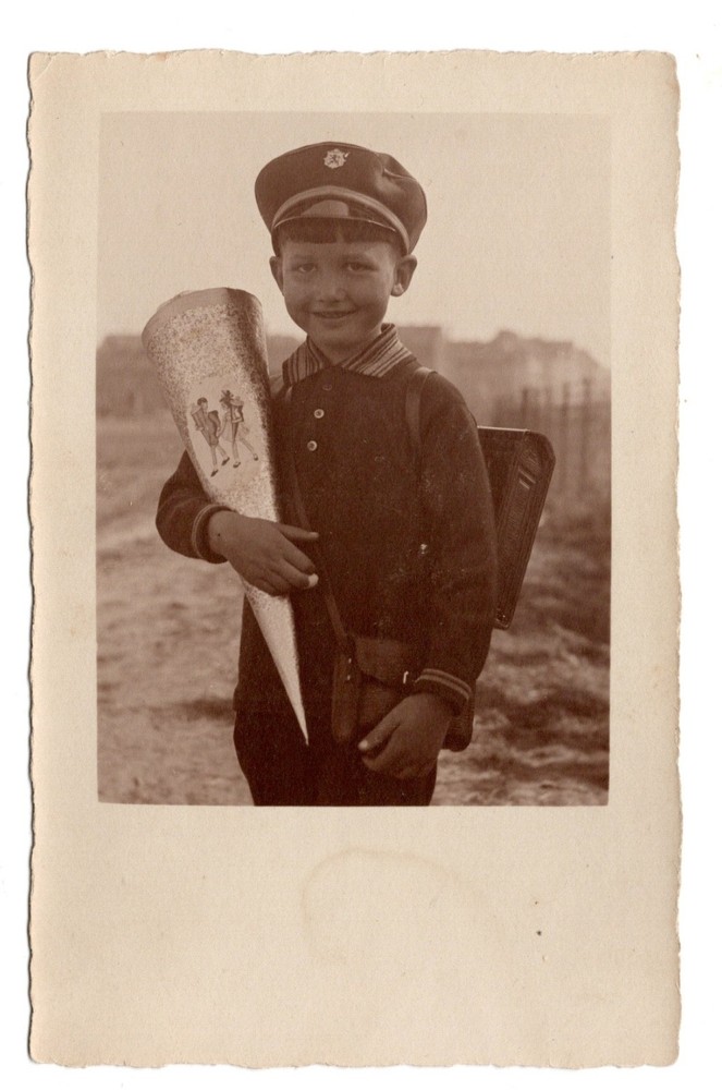Photo Postcard 1930s Boy with School Bag – Enrollment, Sugar Bag (B1 145)