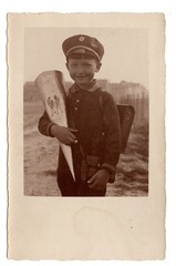 Photo Postcard 1930s Boy with School Bag – Enrollment, Sugar Bag (B1 145)