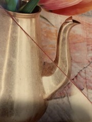 VTG Art Still Life Photo Print Tulips & Antique Brass Pitcher Framed/Matted VG