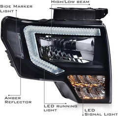 LED Tube Headlights Assembly Compatible with Ford F150 2009-2014 Pair Left & Rig