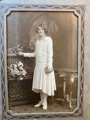Vintage Sepia Picture Girl Standing Church Holding Book White Dress Communion?