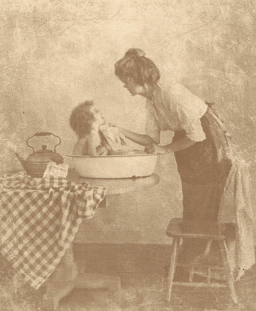 NEWLY FOUND! HENDRICKSON B&W SEPIA PHOTO PRINT Mother Bathing Cute Baby 11×14″