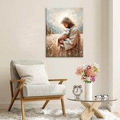 Jesus and Lamb Canvas Wall Art Christian Jesus the Good Shepherd Painting pic…