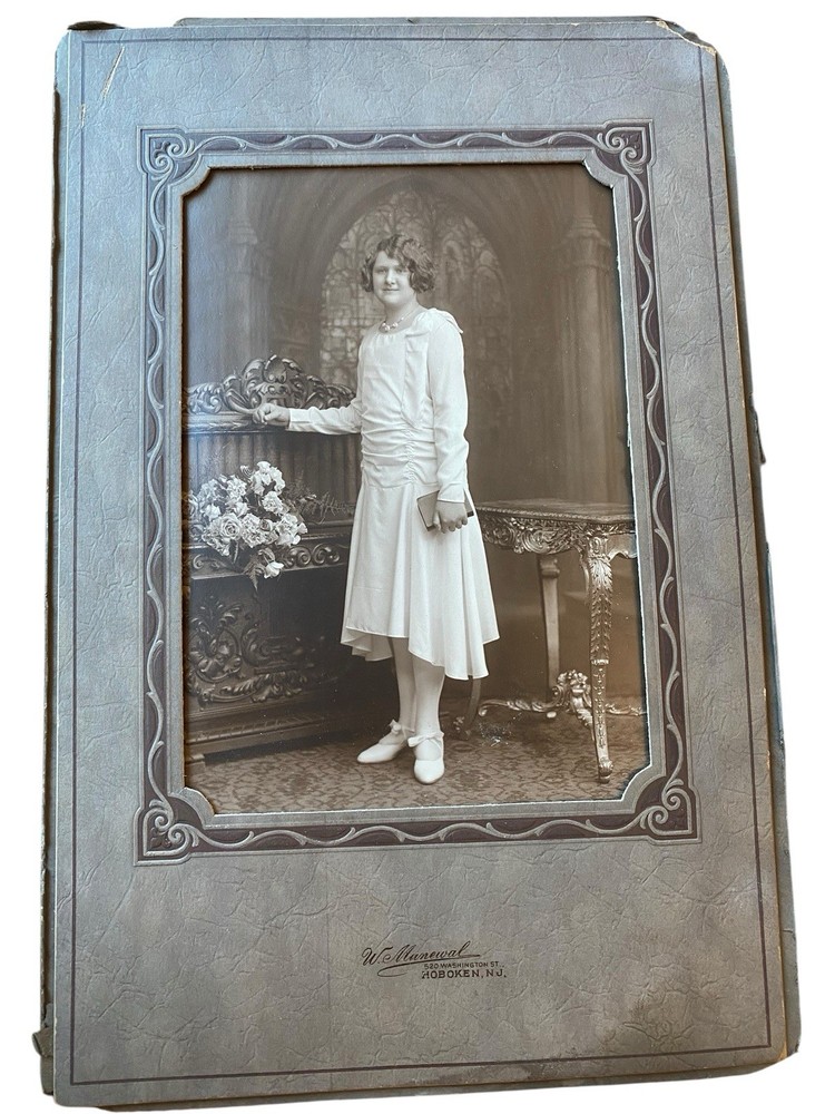 Vintage Sepia Picture Girl Standing Church Holding Book White Dress Communion?